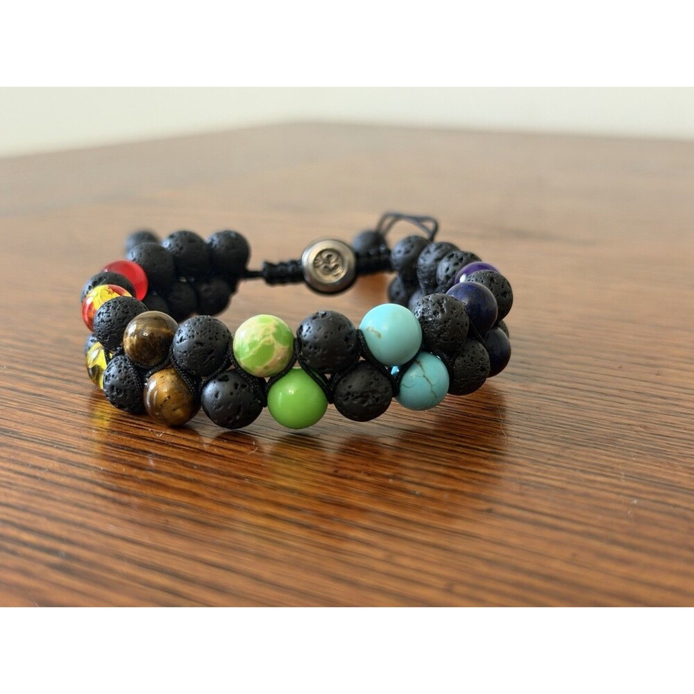 Lava Stone Chakra Bracelet Double Strand Adjustable Boho Yoga Meditation Color
